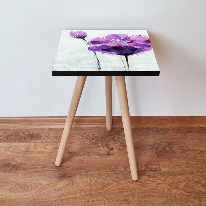 Chic Side Table with Beech Wood Legs, 13.8 x 16.5 x 13.8 inches | 100% MDF, Thickness: 0.7 inches | Stunning Pink, Purple, Black & White Floral Impressionism Design | Perfect Accent for Modern Living Rooms & Bedrooms