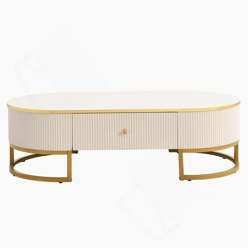 Table basse moderne ovale avec tiroirs, conception à profil incurvé, décor en métal doré, table centrale pour le salon
