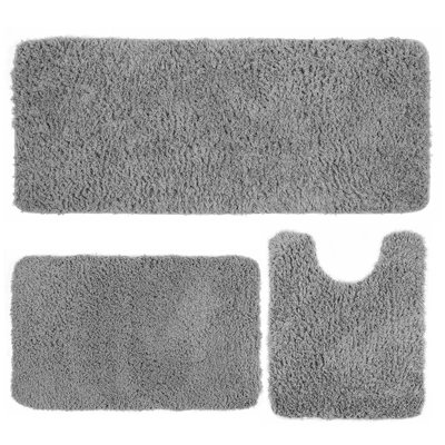 Grey 3 Piece Shaggy Grey Bath Mat Set, Quick Water Absorption Bathroom Rug Sets For Tub Shower, Vanity & Toilet Base