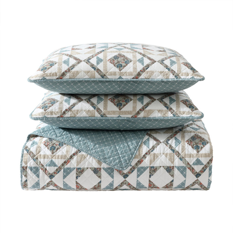 Annie Blue and Beige Cotton Twin Reversible Quilt Set