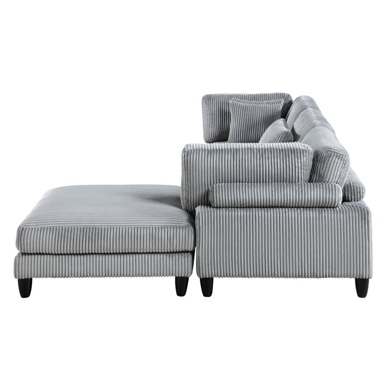 Contemporary 4 Sectional In Gray Corduroy, Foam Padding, Solid Wood Legs Modular Frame, Loose Pillow Covers