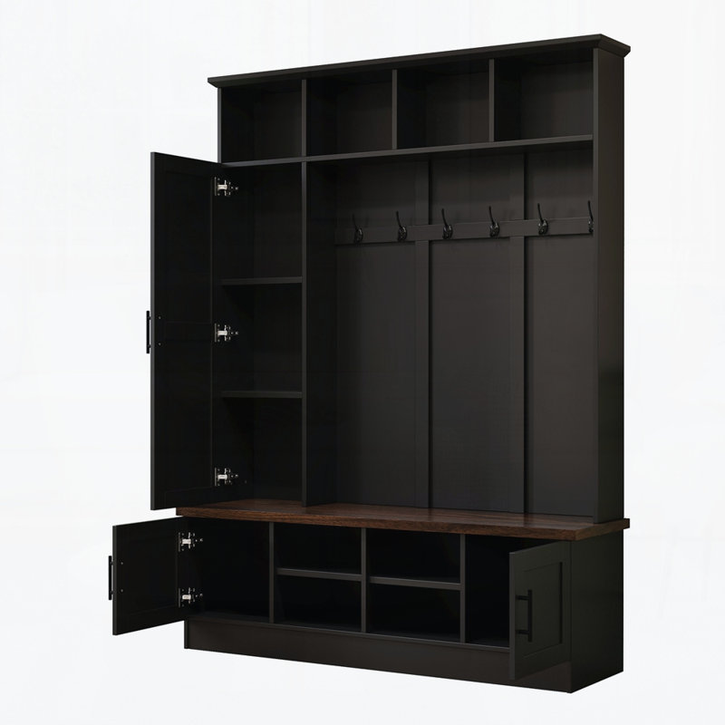 3-in-1 Hall Tree with 6 Hooks, Farmhouse Walnut Storage Bench with Adjustable Shelves, 55"W Entryway Coat Rack with Multiple Storage Space for Mudroom, Hallway