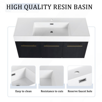 Meuble-lavabo mural 48 po avec lavabo et support de rangement, cuve en résine à bords épais