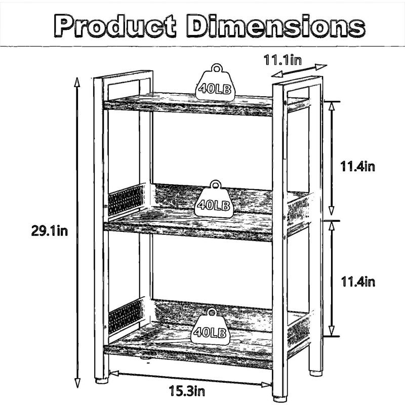 Bibliothèque à 3 niveaux avec panneau arrière, tablette de rangement industrielle pour la maison, le bureau, la chambre à coucher et le salon, conception peu encombrante pour les livres et la décoration