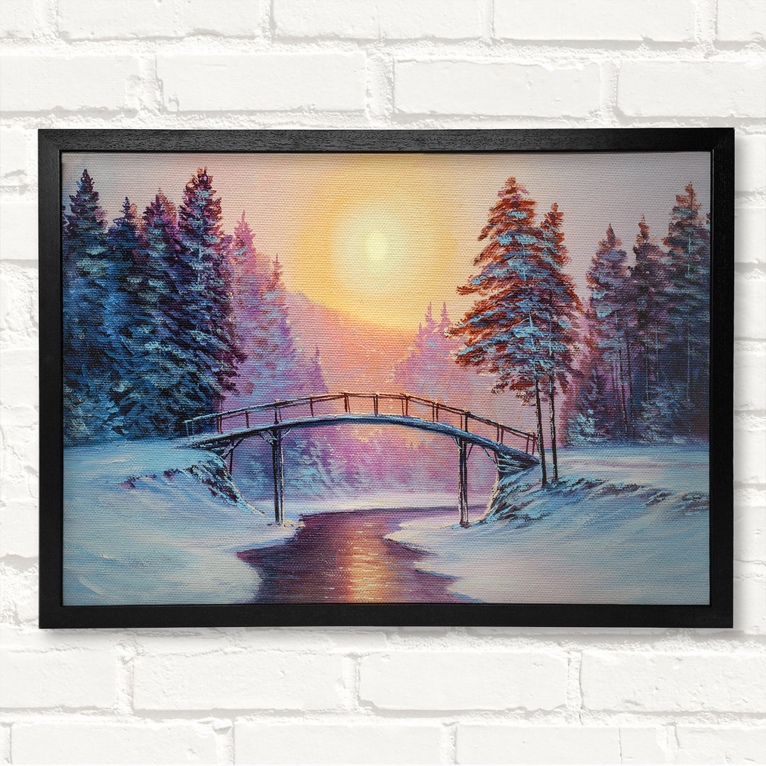 Bridge Across The Winter Scene - Closed Corner Frame Kunstdrucke auf Holz