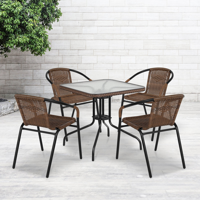 Amlie 28'' Square Glass Metal Table with Rattan Edging and 4 Rattan Stack Chairs, Dark Brown