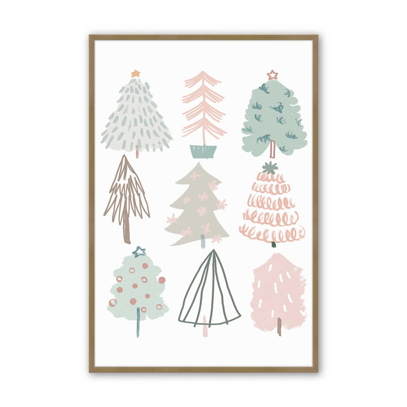 Playful Christmas Trees I Print in a Frame, Cadre simple brossé doré, H 15,25 po x l 12,25 po x P 1,25 po