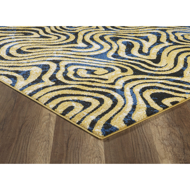 Jaune abstrait/Tapis décoratif noir, Rectangle 8 pi x 10 pi