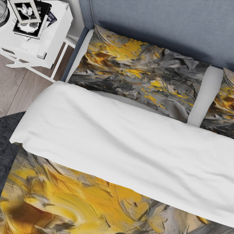 Mustard Yellow And Vivid Grey V - Abstract Duvet Cover Set, Twin Duvet Cover + 1 Standard Sham