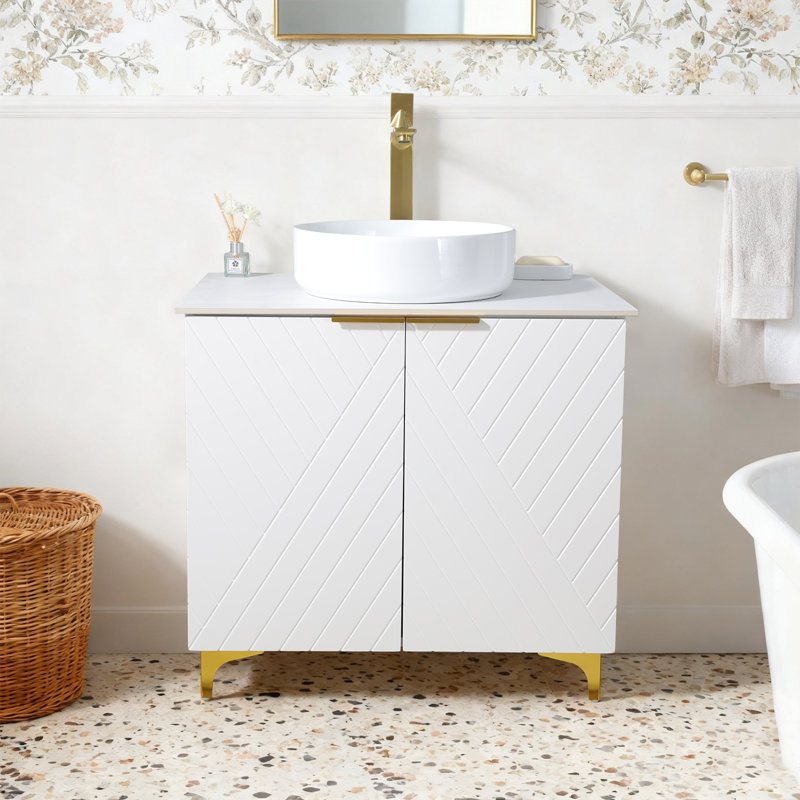 30" White Modern Vessel Bathroom Vanity With Ceramic Top