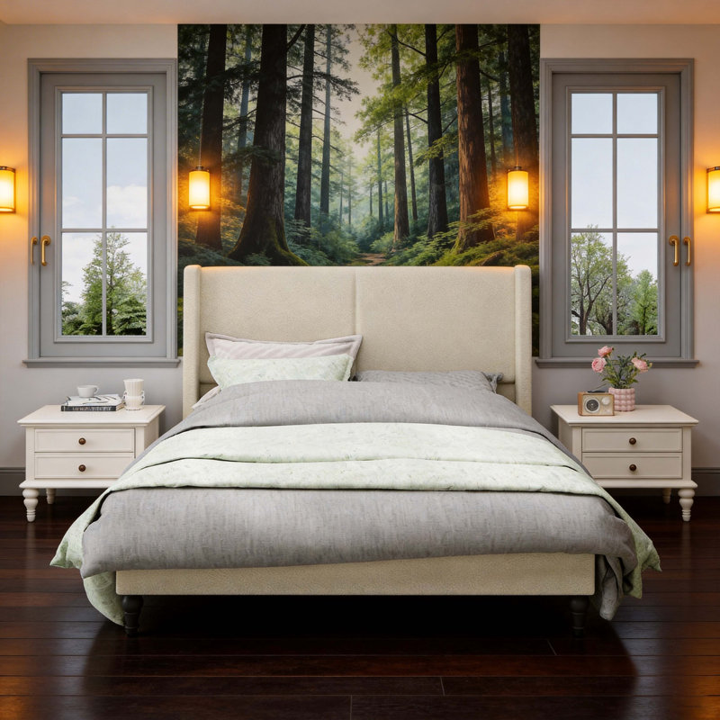 Structure de lit grand format avec tête de lit tapissier à dossier haut de 55,5 po, tissu Boucle, 12 lattes de soutien, panneaux latéraux épaissis, pieds en bois massif, aucun sommier tapissier requis (beige)