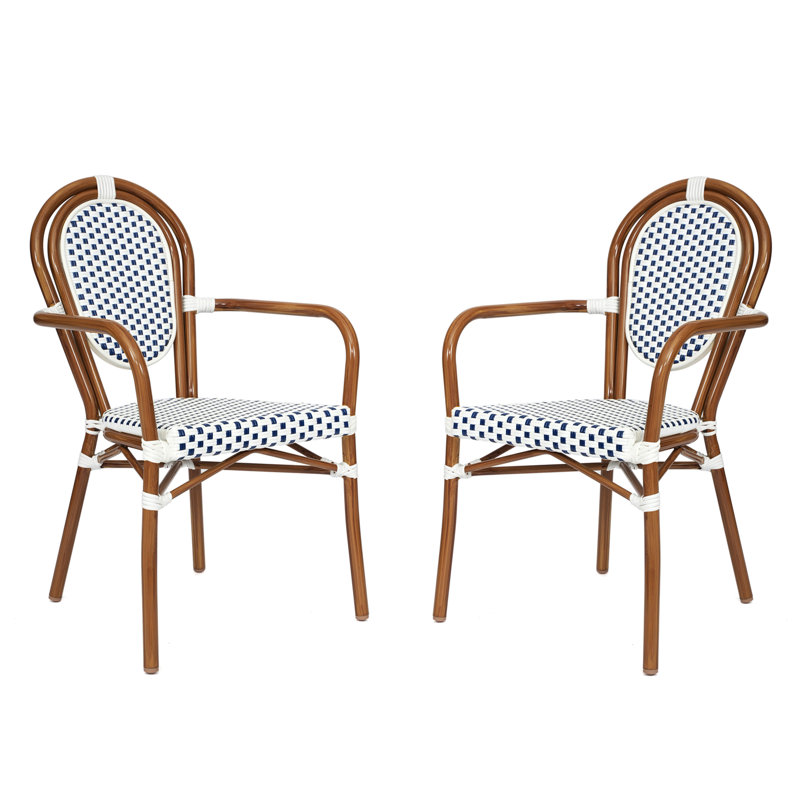 Damore All-Weather Commercial Paris Chairs with Arms and Metal Frames, White/Navy/Natural