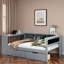 Lit plateforme avec tablettes de rangement, tiroirs, station de charge, bureau et tête de lit tapissier-377928756-377928759