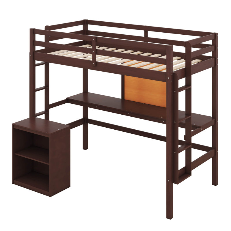 Lit mezzanine simple avec bureau et tableau d'écriture, structure de lit mezzanine en bois massif avec armoire à 2 tiroirs et barrière de sécurité pour les adolescents