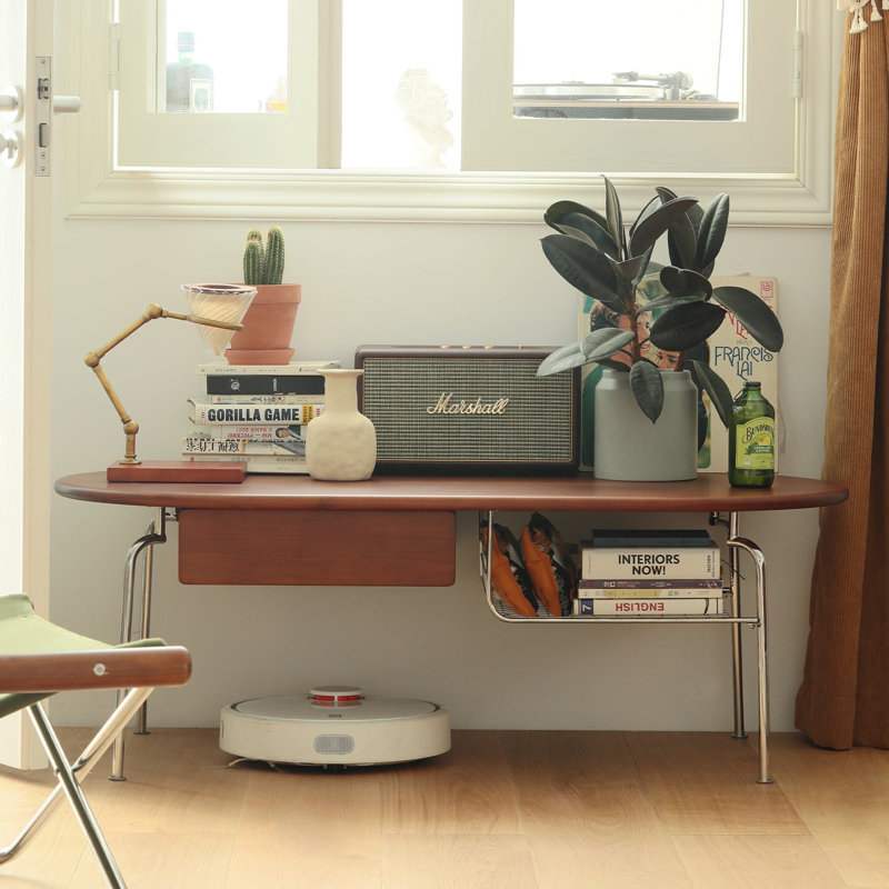 Table basse ovale vintage en bois massif avec tablette et tiroir