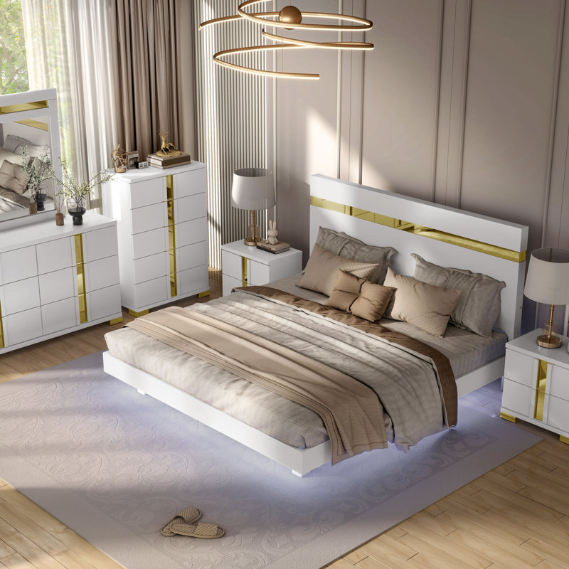 Ensemble de chambre avec lit plateforme 6 pièces Clemson, Blanc, 6 pièces: lit, 2 tables de chevet, commode, miroi, Simple