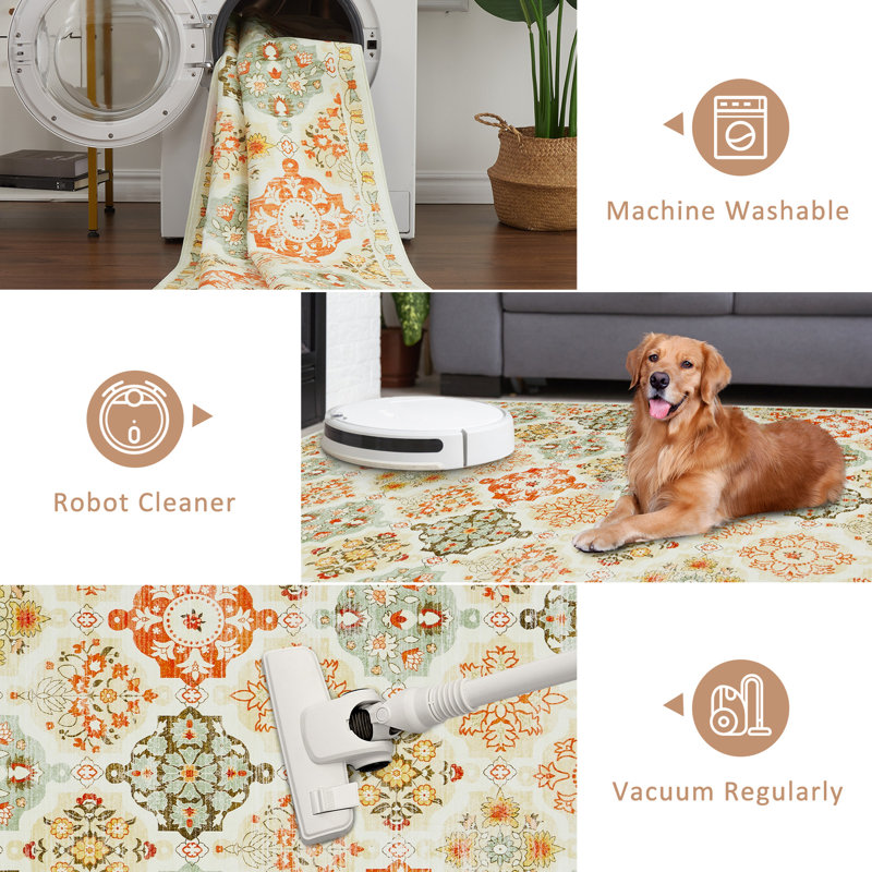 Tapis à motif floral en damier Boho, Orange