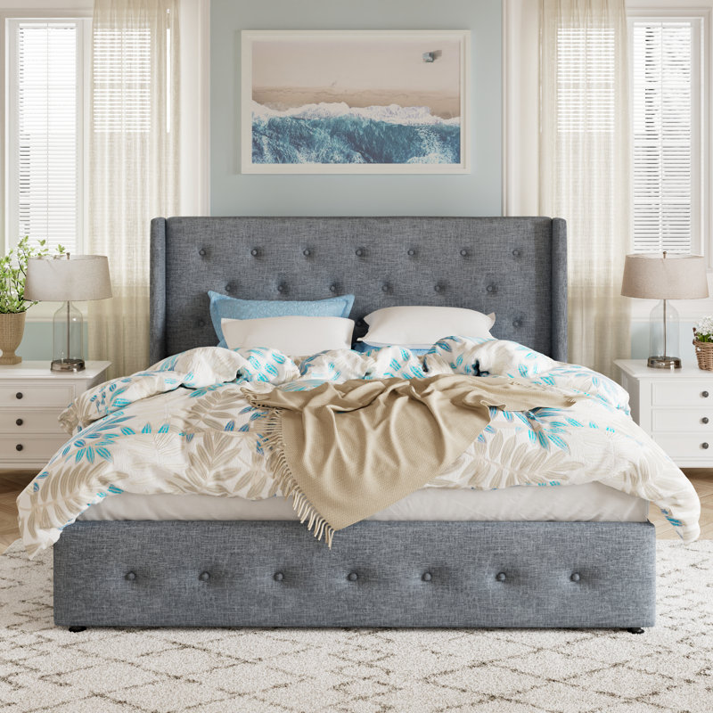Bertile Linen Tufted Upholstered Storage Platform Bed,No Box Spring Needed,Spacious Storage Space, Yellow, Full/Double