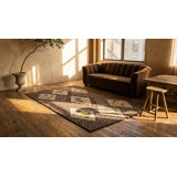 Gray Geometric Diamond Design With Ivory Floral Inlay Sections Antique American Folk Art Hooked Rug
