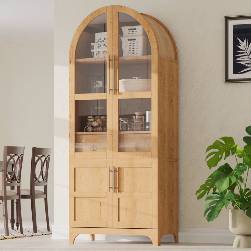 71"H Arched China Cabinet Kitchen Pantry Cabinet With Glass Doors And Adjustable Shelves, Farmhouse Versatile Display Storage Cabinet Bookcase With Hidden Drawer For Kitchen, Dining Room, Bathroom