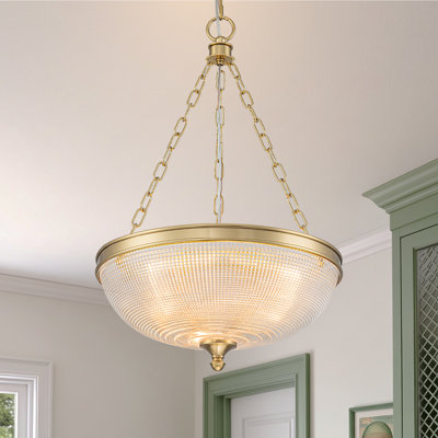 3-Light Gold Textured Grid Glass Semi-Dome Pendant with Chain Suspension for Kitchen Island and Foyer