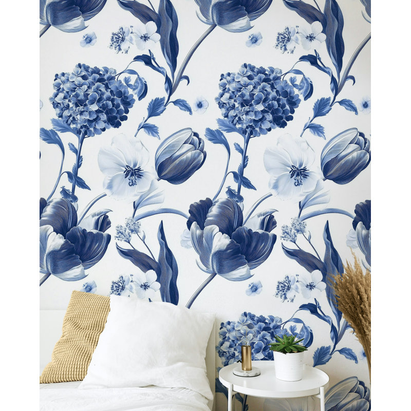 Gurkirat Delft Blue Floral Wallpaper Timeless Elegance Modern Interiors Peel and Stick Roll
