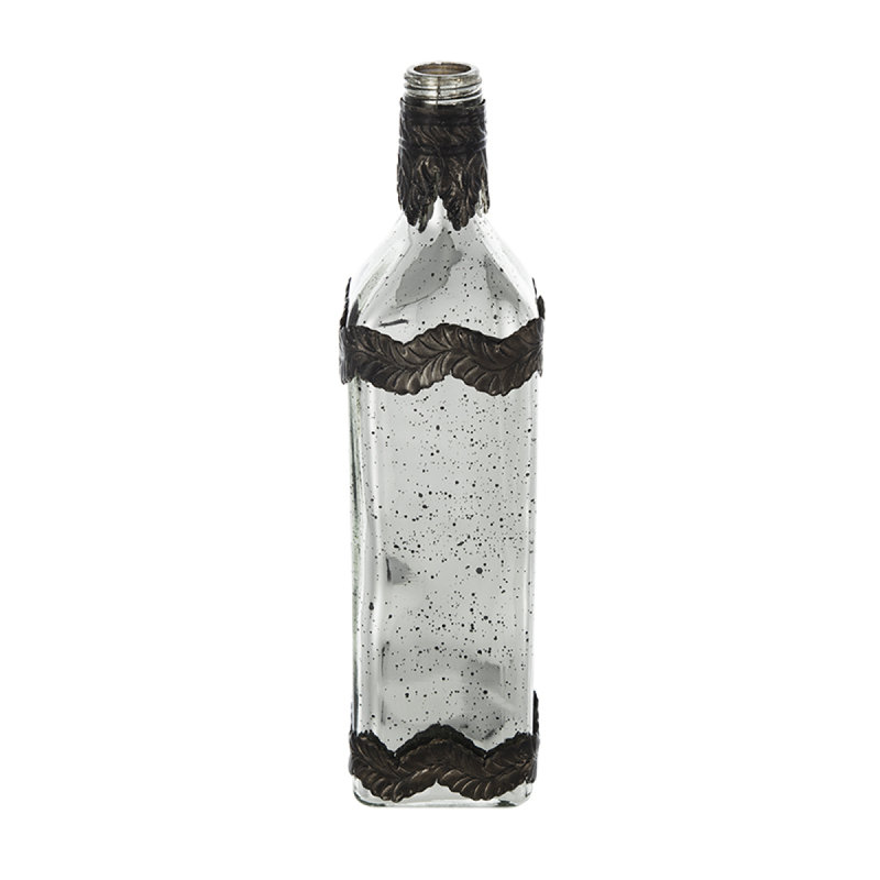D3x12" Antique Silver Decorative Glass Bottle Vase With Bronze Leaf Accents