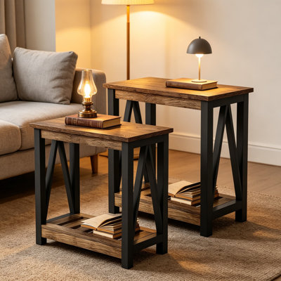 Farmhouse End Table Set of 2, Rustic Vintage Narrow Side Table with Storage Shelf for Small Spaces, Living Room, Bedroom, Rustic Oak and Black