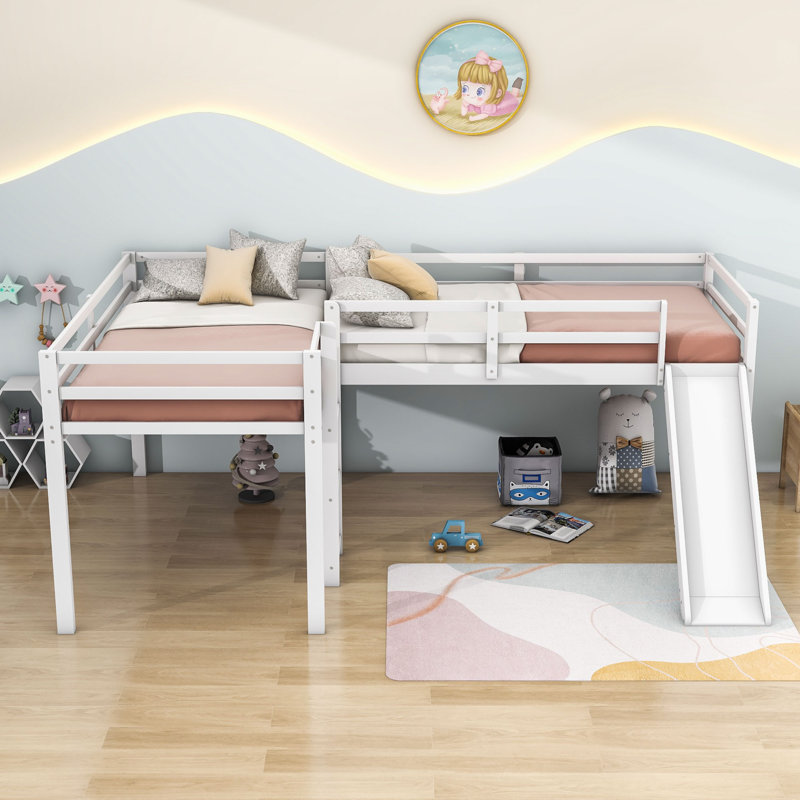 Esteri Twin Size L-Shaped Loft Bed, Wood Loft Bed with Slide, White