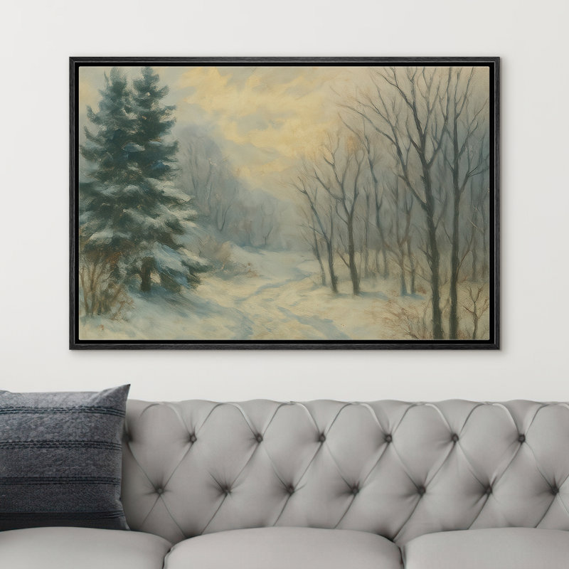 «Misty Winter Woods with Bare Trees and Evergreen», reproduction d'art sur toile encadrée dans la chambre principale, Noir