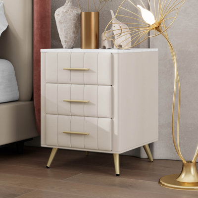 Modern Wooden Nightstand With 3 Drawers And Metal Legs&Handles, Velvet Upholstered Bedside Table With Marbling Worktop
