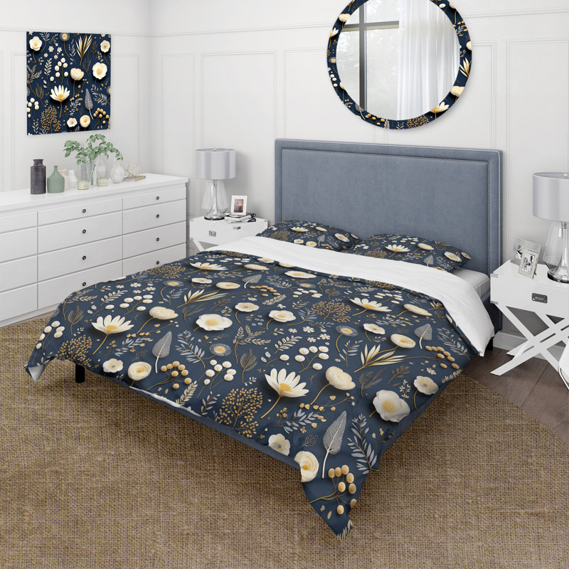 Ensemble de housse de couette fleurs bleues et blanches I, Housse de couette pour très grand lit et 2 très