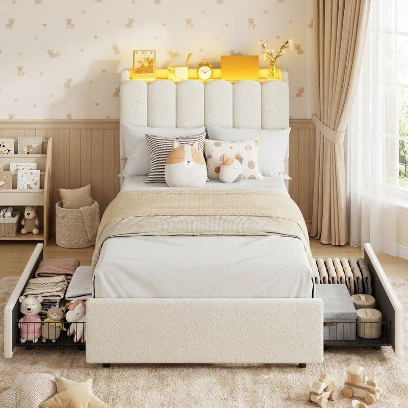 LED Upholstered Platform Bed with Storage Drawers & Wavy Headboard, No Box Spring Needed, White, Twin XL