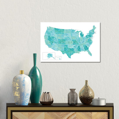 Aquamarine Watercolor Map Of The Usa With States And State Capitals by Blursbyai - Gallery-Wrapped Canvas Giclée on Canvas