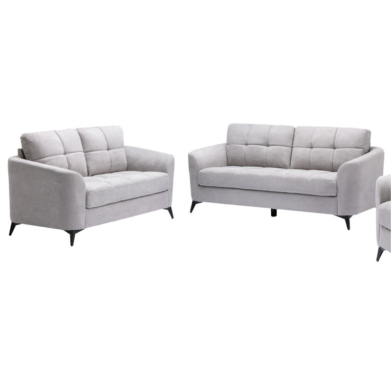 Carlotta Woven Fabric Sofa Loveseat Living Room Set, Light Grey