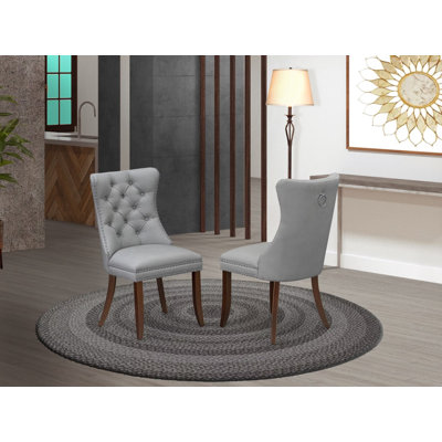 Denison Parson Dining Room Chairs - Button Tufted Nailhead Light Gray Polyester Fabric Upholstered Chairs, Set of 2, Mahogany