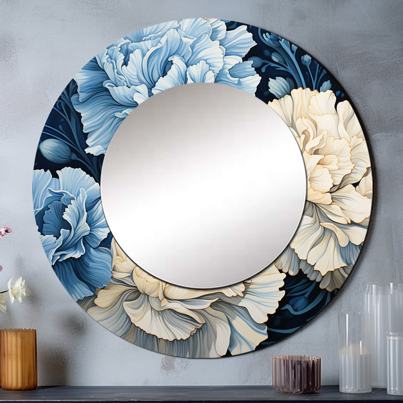 Rosemellia blanc bleu œillets Arrangement II - œillets décoratifs uniques, miroir rond blanc, impression sur métal