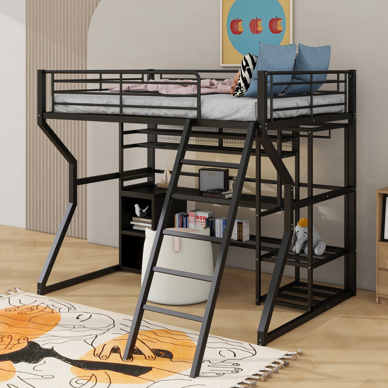 Lit mezzanine double en métal avec poste de travail intégré, garde-robe ouverte, DEL et rangement multiple