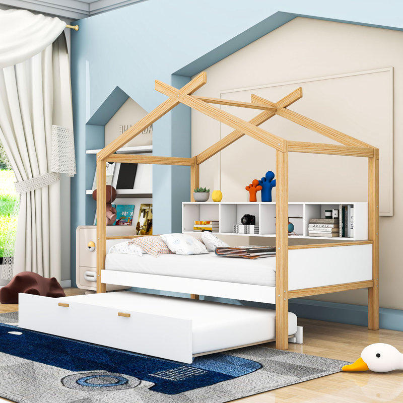 Lit simple en bois avec lit gigogne et tablettes de rangement