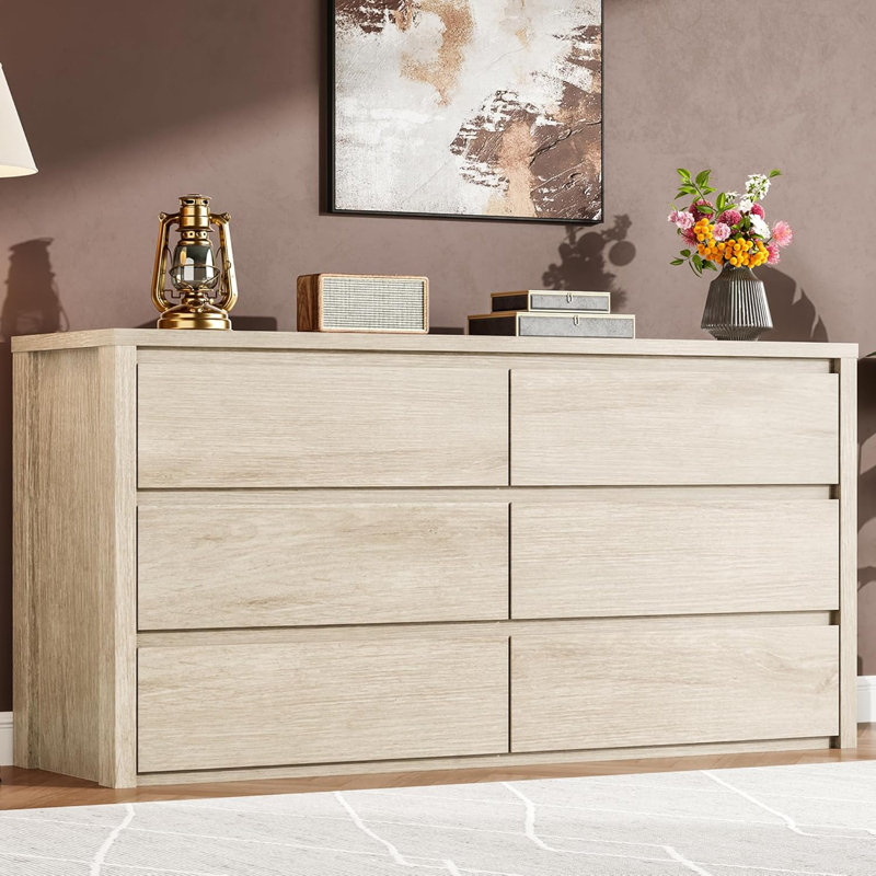 Rustic Farmhouse 6 Dresser for Bedroom, Wooden Drawer Dresser, Handle-Free Storage Cabinet with Drawers, Yellow