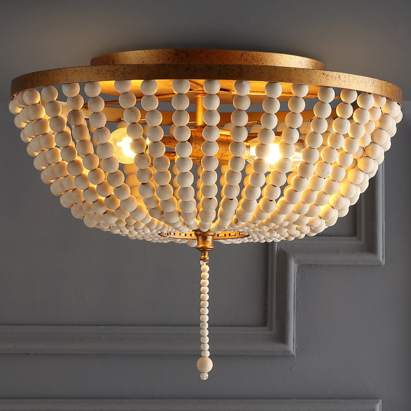 Ohlone Farmhouse Wood Beaded/Metal LED Flush Mount, 12.5" H x 15" W x 15" D, Antique Gold