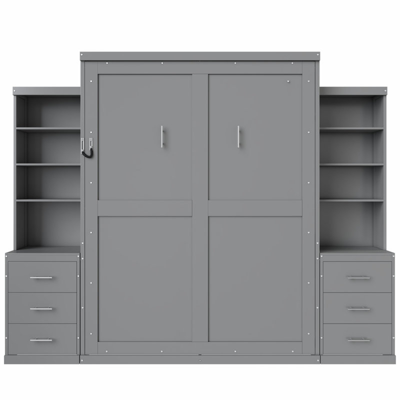 Lit escamotable double avec tablettes de rangement et tiroirs, gris, Double