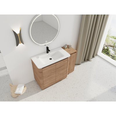 48'' Freestanding Bathroom Vanity Including White Ceramic Sink, 1 Small Storage Cabinet, Soft-Close Door Function, Imitative Oak Plywood For Optimization With Sink And Solution, Kd Packed Interior