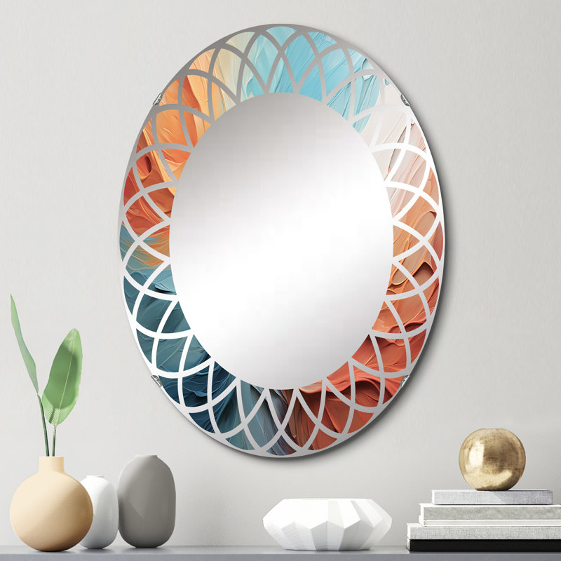 Teal Orange Bold Abstract Flow Collage I - Miroir mural moderne ovale, 30 po x 20 po