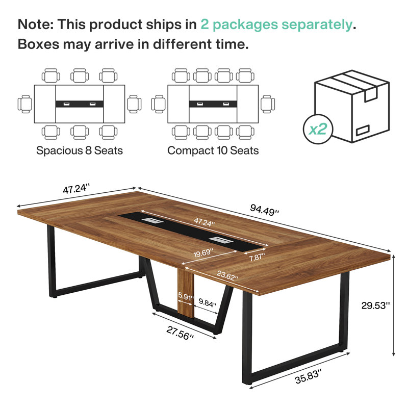 8FT Large Conference Table, Rectangle Meeting Podcast Table, Rustic Brown