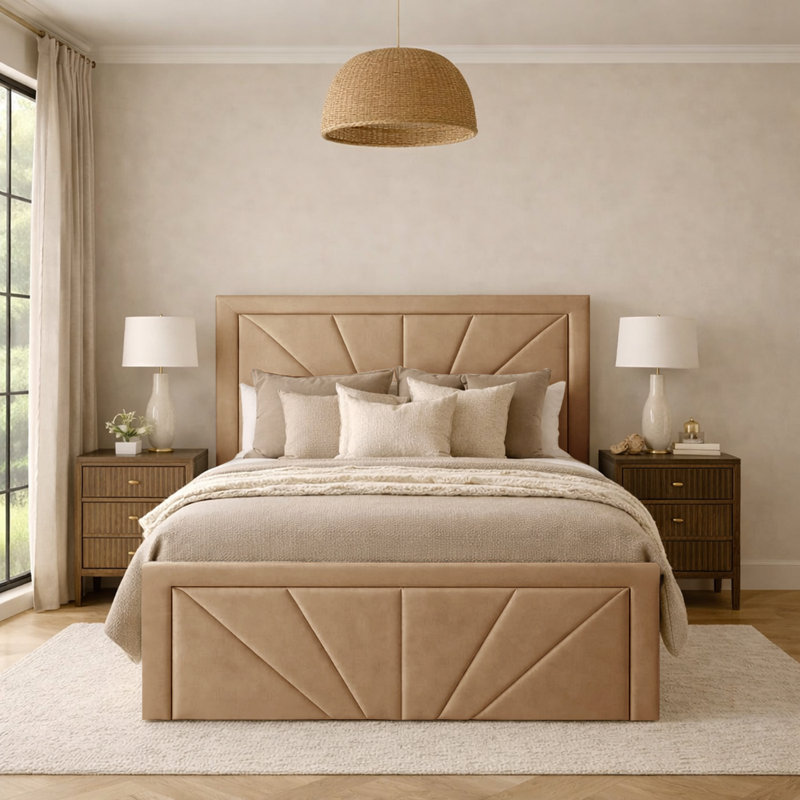Phoenix Upholstered Storage Bed Frame, Beige, Double (4'6)