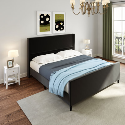 Ensemble de chambre à coucher 3 pièces avec lit tapissier à lattes avec tête de lit haute et pied de lit et deux tables de chevet modernes à 1 tiroir de 15,2 po Vestel