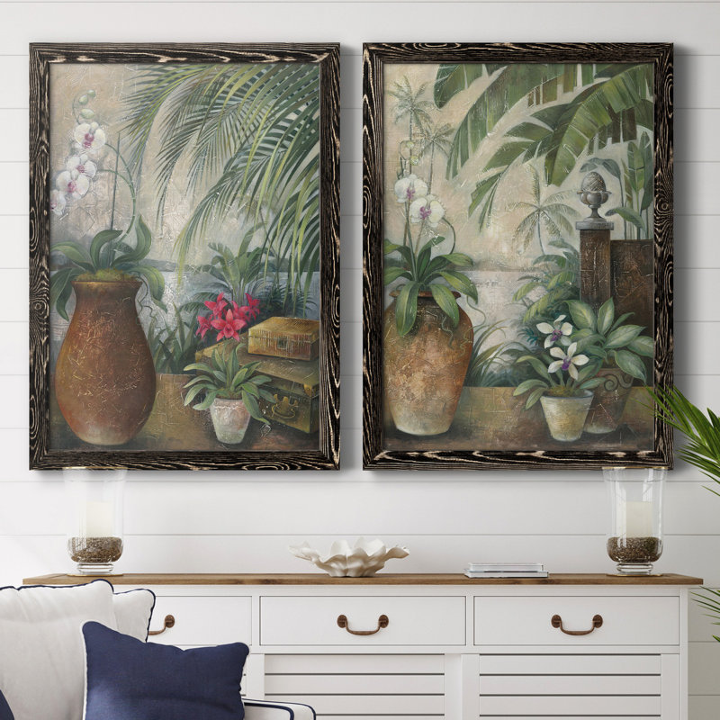 Orchidées au paradis I - ensemble de 2 reproductions d'art graphique, Toile avec cadre noir, Pas de tapis
