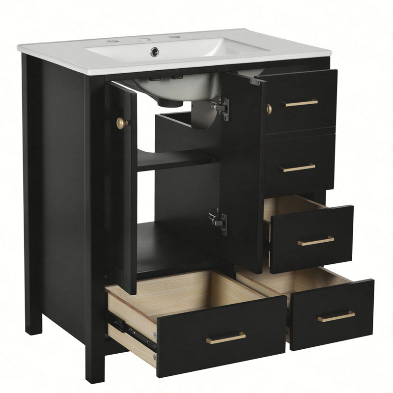 Ensemble de meuble-lavabo 30 po avec lavabo en céramique, armoire de rangement en bois massif, ensemble de meuble-lavabo autoportant avec 4 tiroirs et portes à fermeture douce