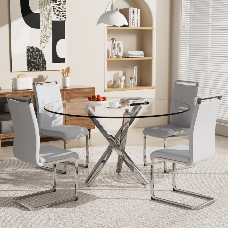 Ensemble de table de salle à manger, table ronde en verre trempé et 4 chaises rembourrées., 5, Gris clair